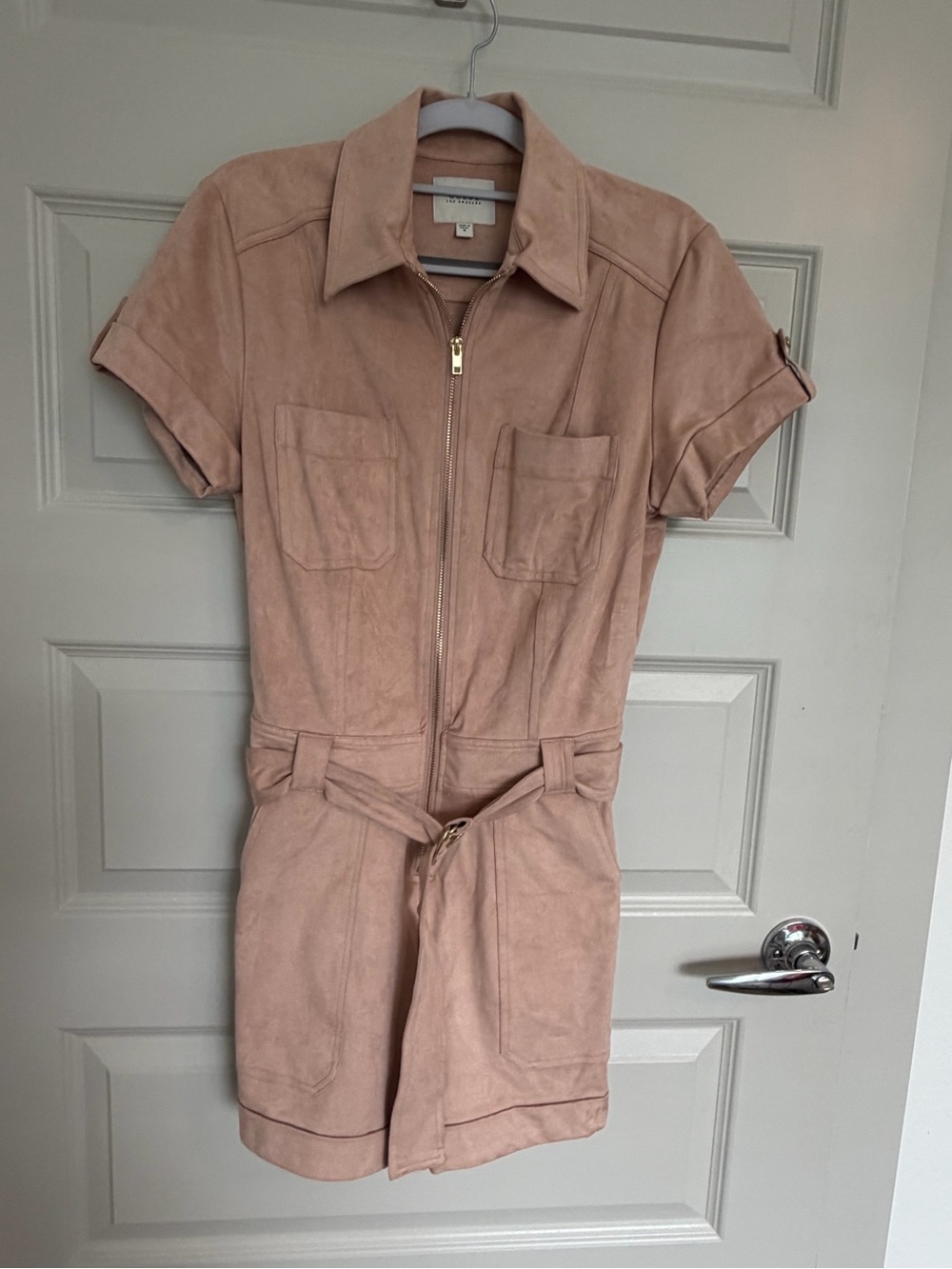 GUESS Blush Pink Suede Short Sleeve Zip Romper